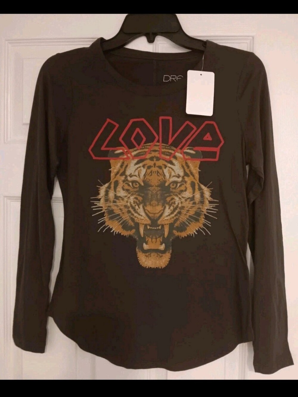 *Dreamr* Womens Top Sz Sm Or Med Brown Love Tiger Print Long Sleeves Round Neck